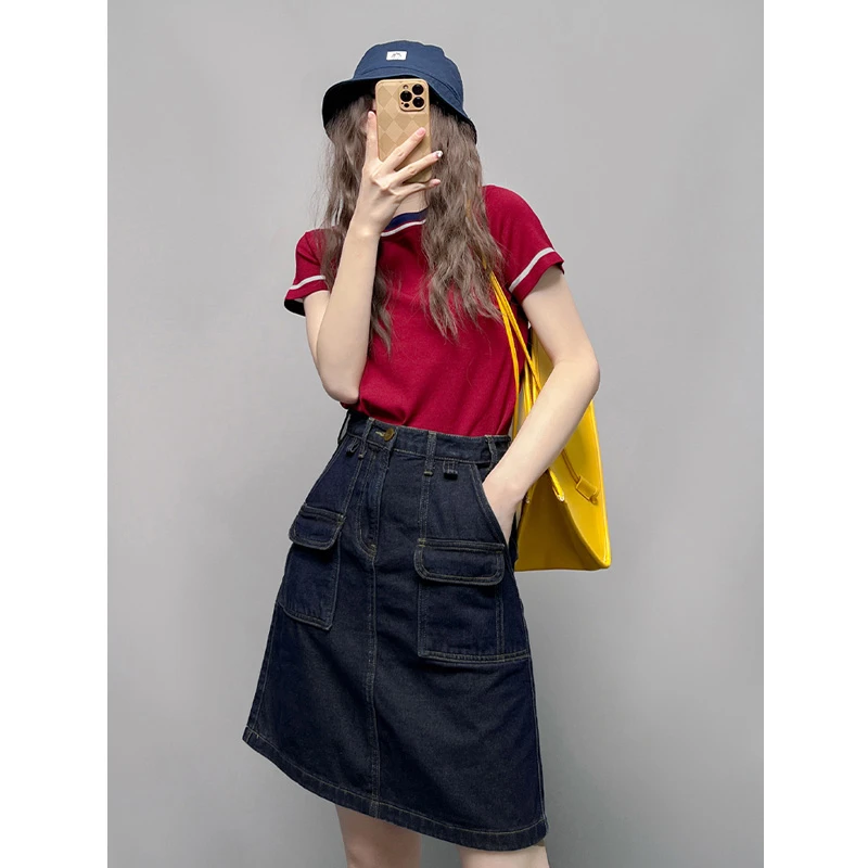 深蓝色牛仔半身裙女2025新款夏季高腰复古工装短裙高腰显瘦套装女