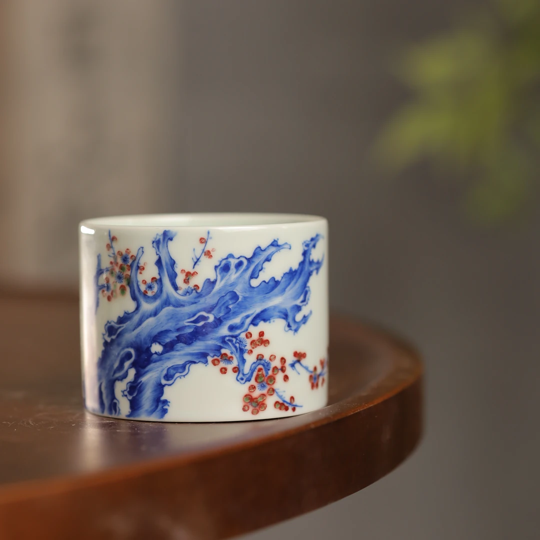 小桥窑小桥窑青花釉里红来钟珍藏老树梅桩玉璧直口杯