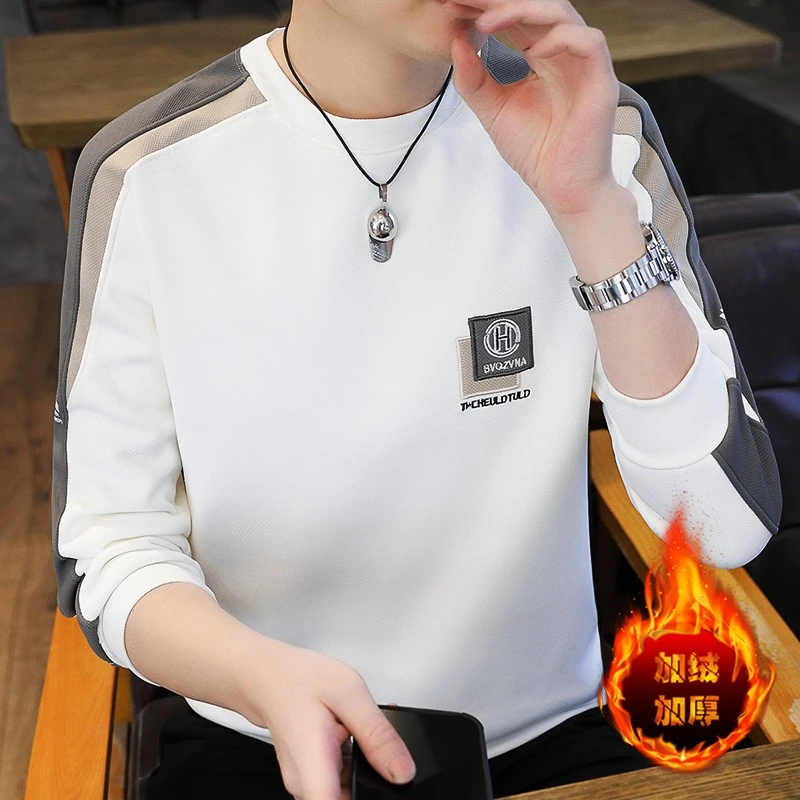 男士加绒加厚卫衣男潮流修身字母新款青年长袖T恤男秋季男上衣