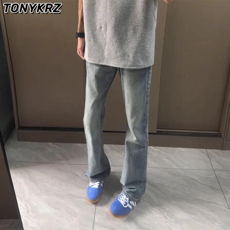 TONYKRZ复古蓝做旧微喇牛仔裤男夏季修身vibe裤子美式提裆直筒裤