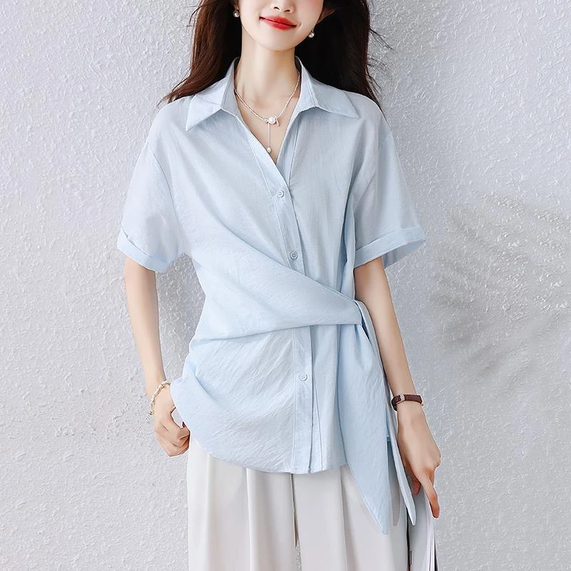 翻领蓝色短袖衬衫女夏季2025新款绑带收腰显瘦衬衣女士不规则上衣
