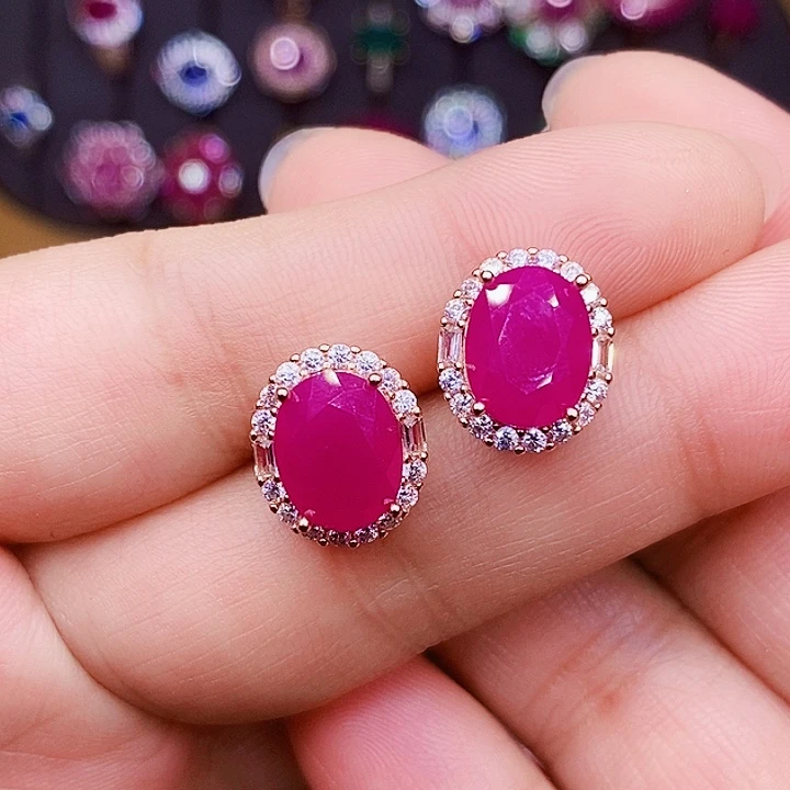 红宝石耳饰银S925镶嵌
