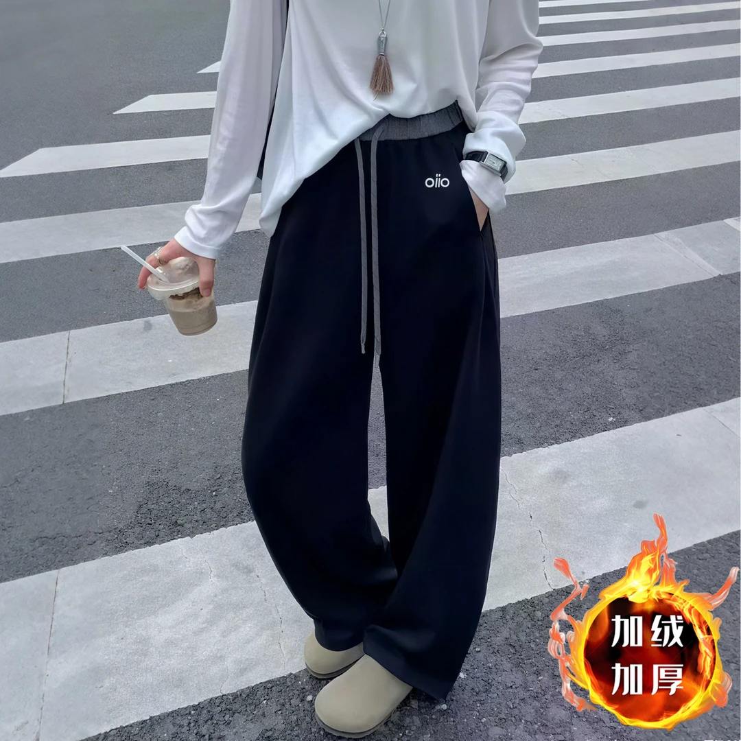 秋冬刺绣标运动卫裤女冬季加绒加厚设计感高腰宽松显瘦休闲阔腿裤