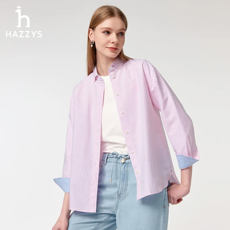 【PHIZ】Hazzys哈吉斯春季长袖衬衫设计感女士撞色春季条纹女衬衣