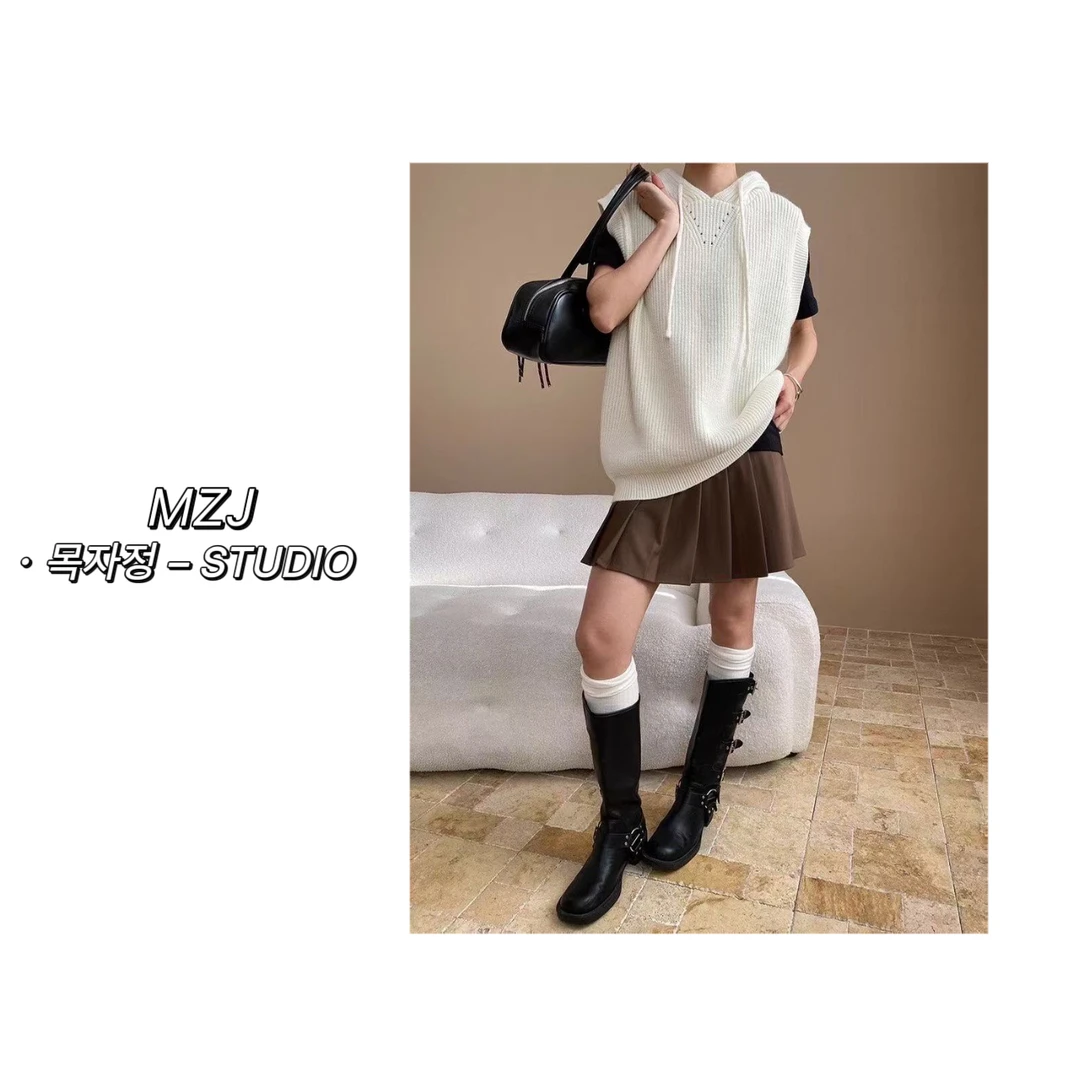 木子静-「休闲日记」韩系时髦抽绳连帽设计感宽松无袖针织马甲-8932