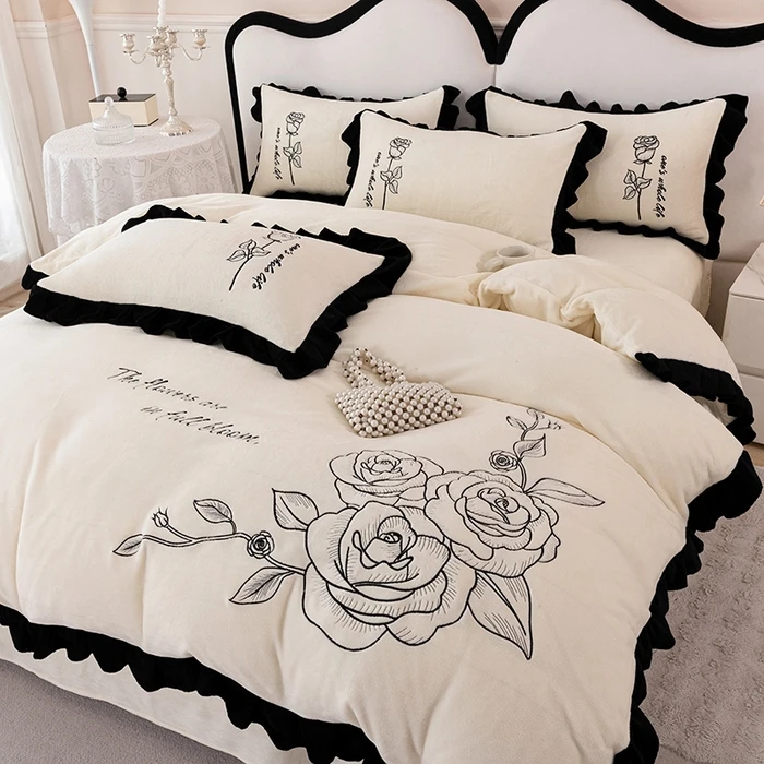 Bei Zhiyu/贝之羽2025新款加厚全消光牛奶绒纯色法式刺绣花边款