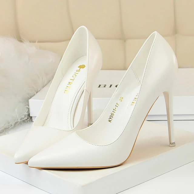 10cm细跟尖头单鞋白色黑色黄色工作网红高跟鞋2025春季新款糖果色