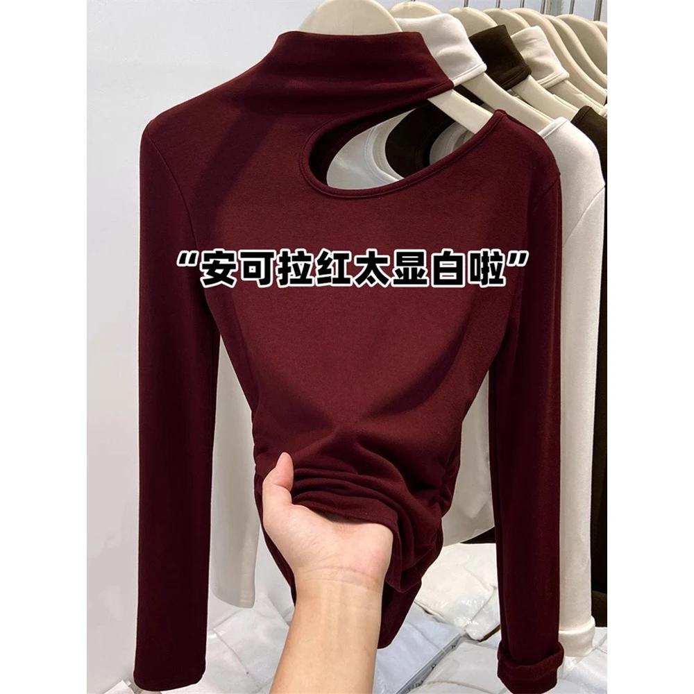 秋冬新款修身打底衫女长袖磨毛镂空半高领小众短款辣妹上衣设计感