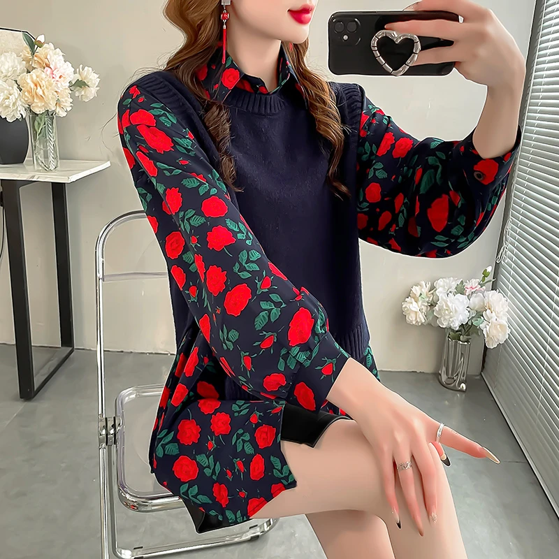 国风减龄一整套穿搭洋气碎花长袖衬衫+显瘦毛衣马甲秋冬两件套女