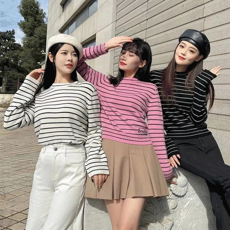 商场同款2025秋季新款时尚百搭条纹圆领羊绒衫长袖套头针织衫女