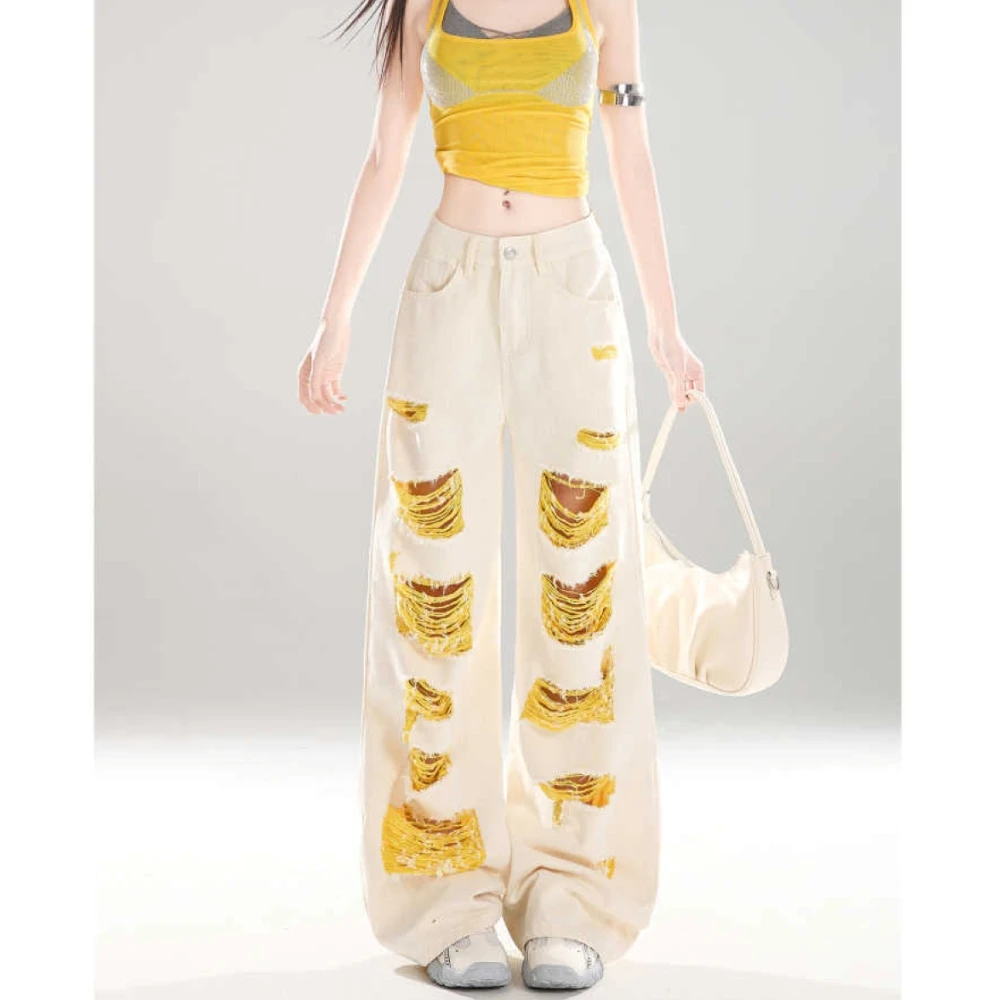 美式复古乞丐破洞牛仔裤女2025夏季高腰直筒宽松显瘦阔腿拖地裤子