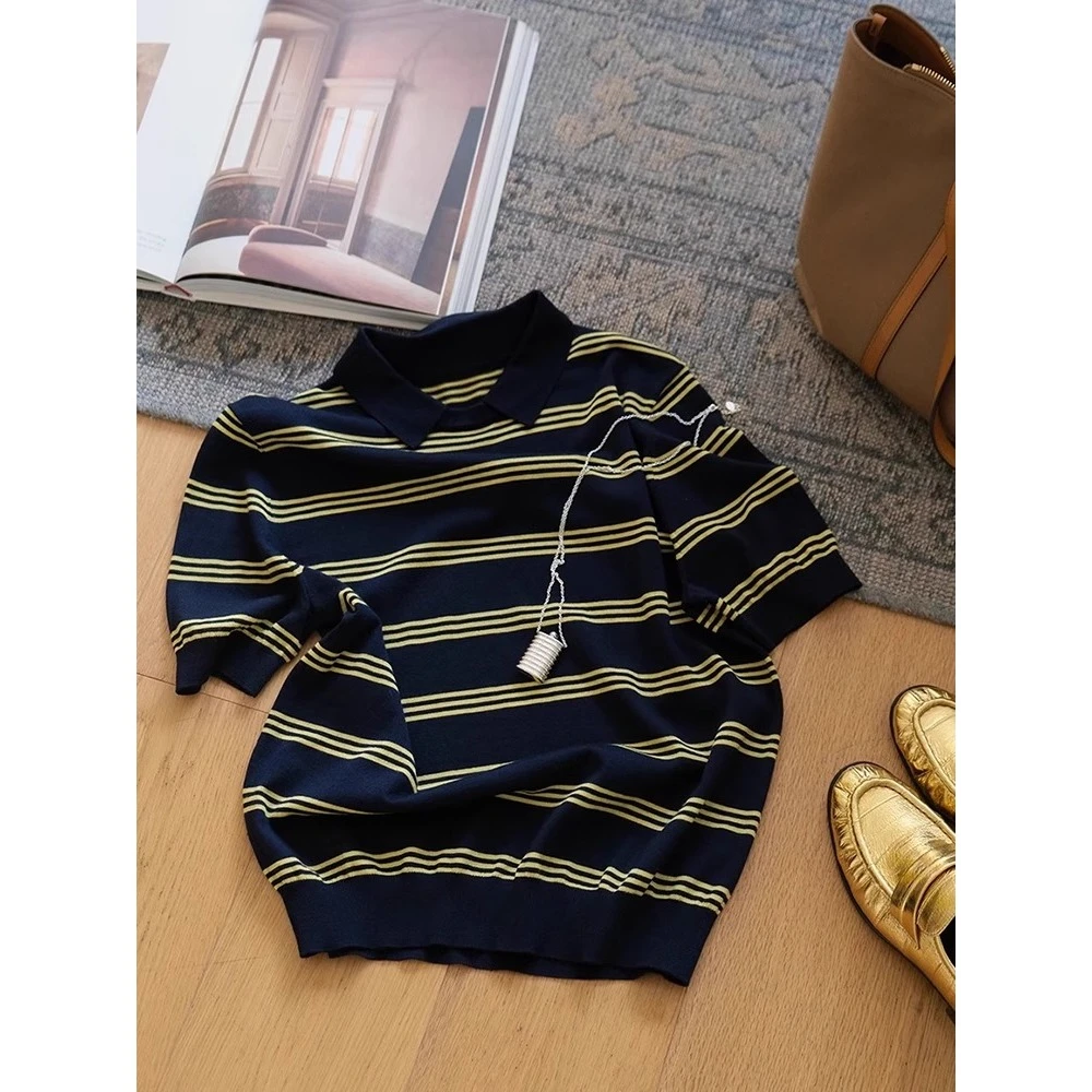 复古洋气撞色条纹针织衫女夏季翻领正肩显瘦小个子上衣polo领短袖