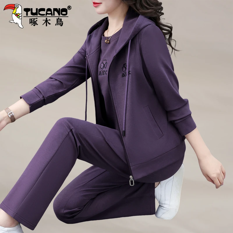 啄木鸟运动套装女2025新款春秋马甲卫衣40到50多岁妈妈洋气三件套