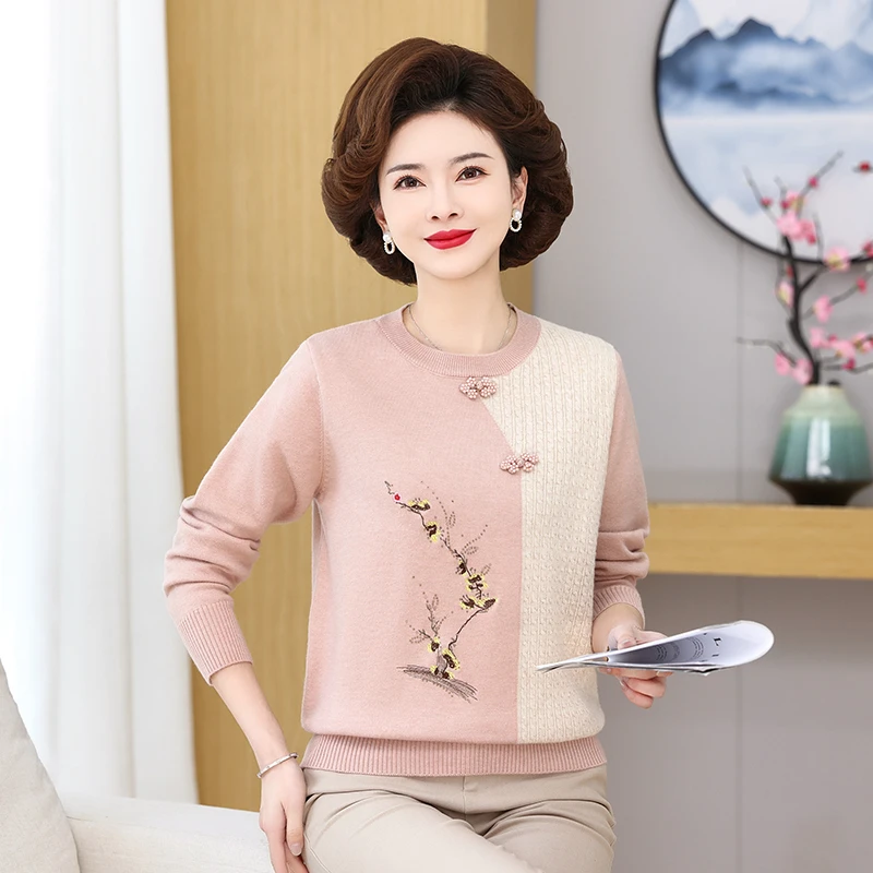 洋气妈妈装春秋针织长袖女装中国风上衣时尚中年宽松打底毛衣2408