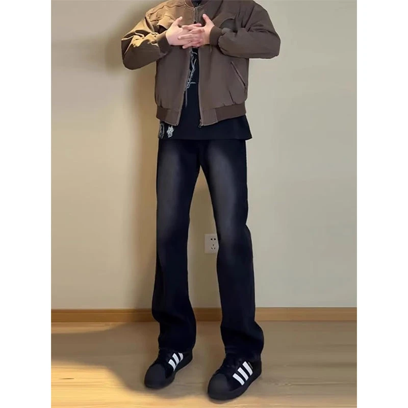 cleanfit穿搭复古黑灰色牛仔裤男春秋季美式高街vibe直筒微喇裤子