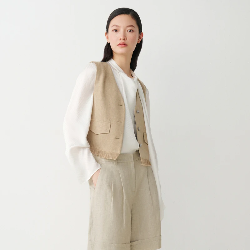 【商场同款】HPLY荷比俪24秋季新款女下摆流苏V领马甲HME32660060