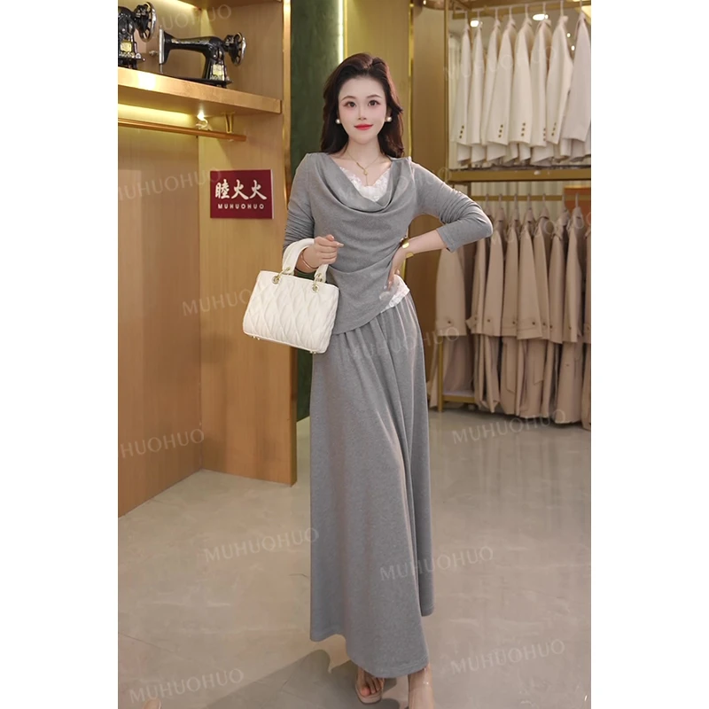 2025春季新款设计感韩版斜领套头气质女生拼接蕾丝T恤半身裙套装