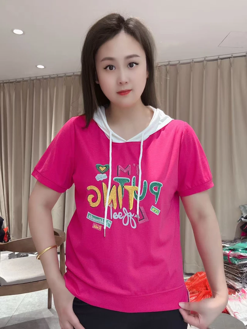 【尚品胖小妞】【879连帽体恤】夏季百搭上班时尚新款短袖体恤