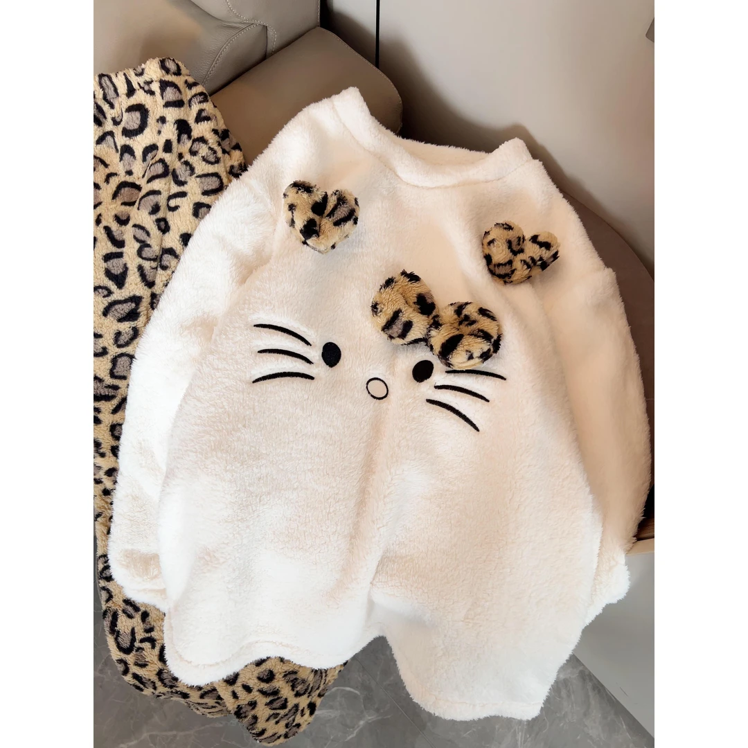 可爱Kitty蝴蝶结豹纹秋冬季睡衣女新款保暖长裤珊瑚绒家居服套装