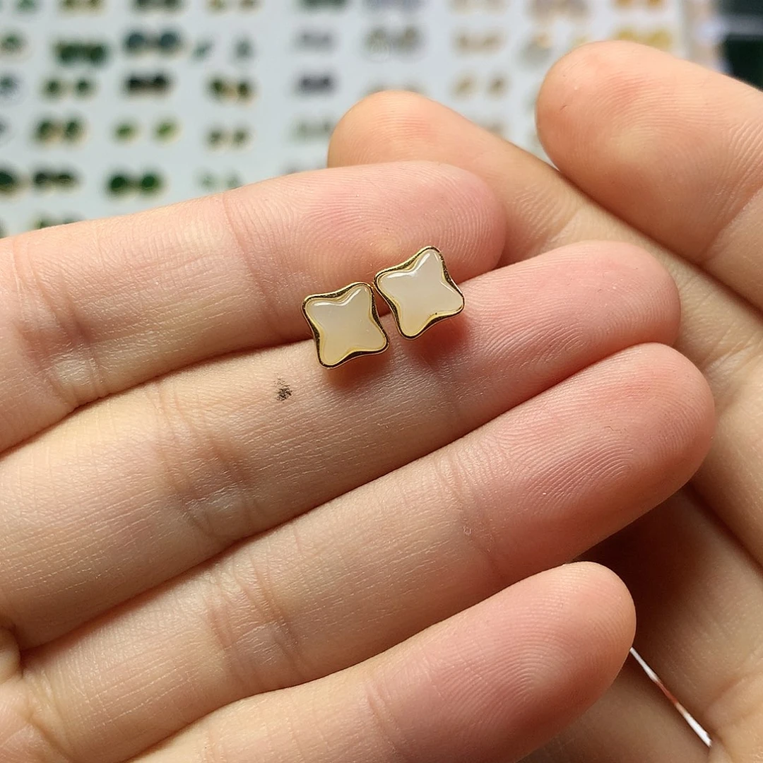 银S925镀金镶嵌和田玉（白玉）耳饰