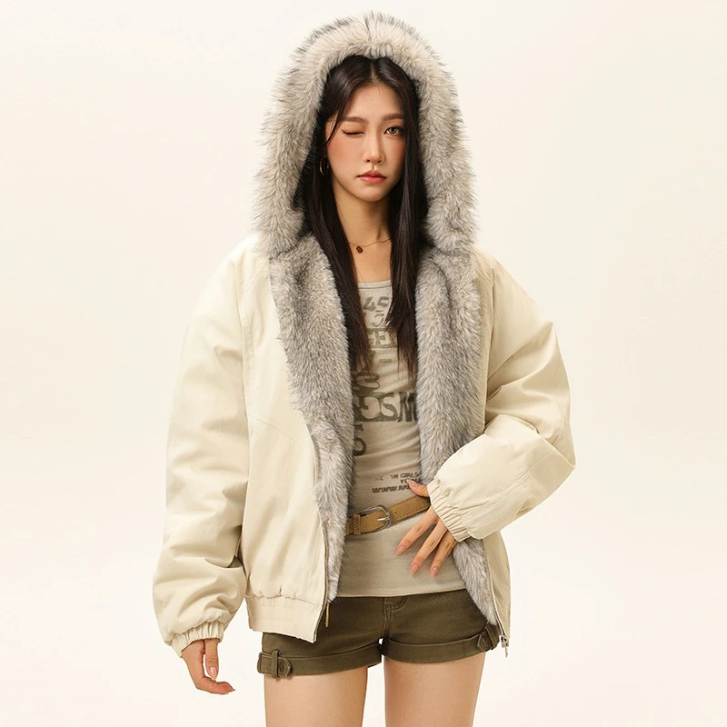 GLEAMYQING座山雕毛领连帽棉服外套女冬季加厚保暖夹克棉袄