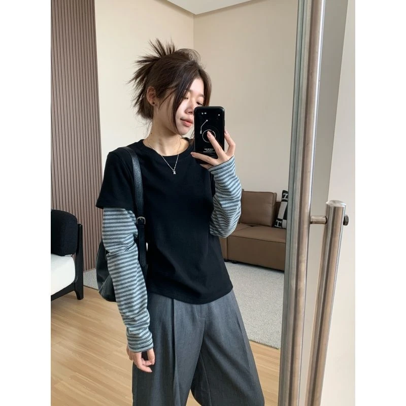 【果烙】条纹袖拼接假两件长袖T恤女秋季新款宽松显瘦休闲套头上衣