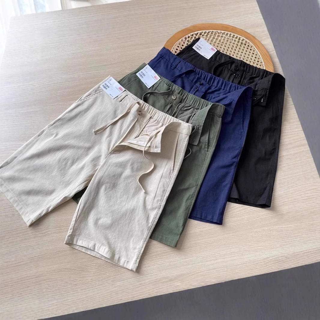 休闲短裤男夏宽松双口袋男装微弹棉麻运动休闲简约直筒五分裤子
