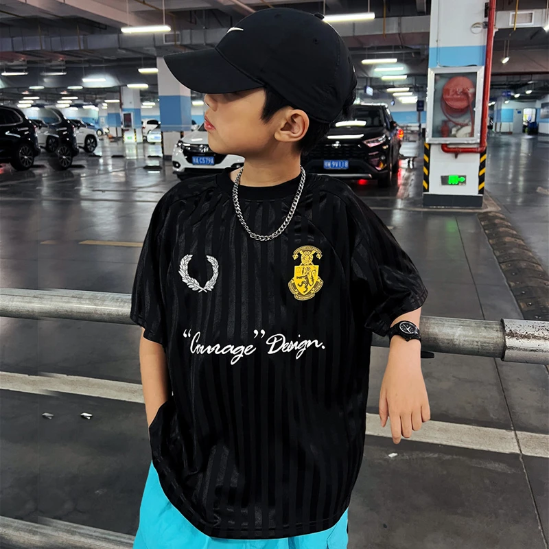 【现货】2025夏装男童条纹速干短袖T恤中大童拼接T恤儿童上衣潮