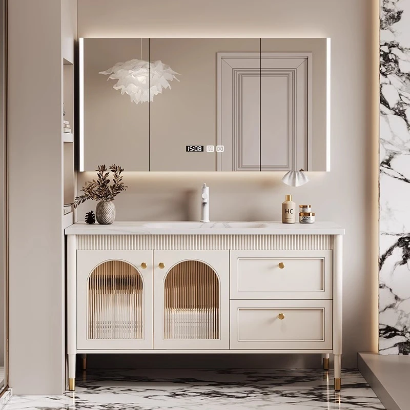 四季沐歌落地橡木烤漆陶瓷一体盆浴室柜岩板无缝盆卫生间洗漱台