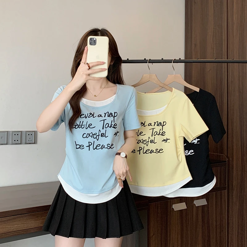 2025夏装新款胖mm大码女撞色假两件印花字母时尚减龄短袖T恤A1321