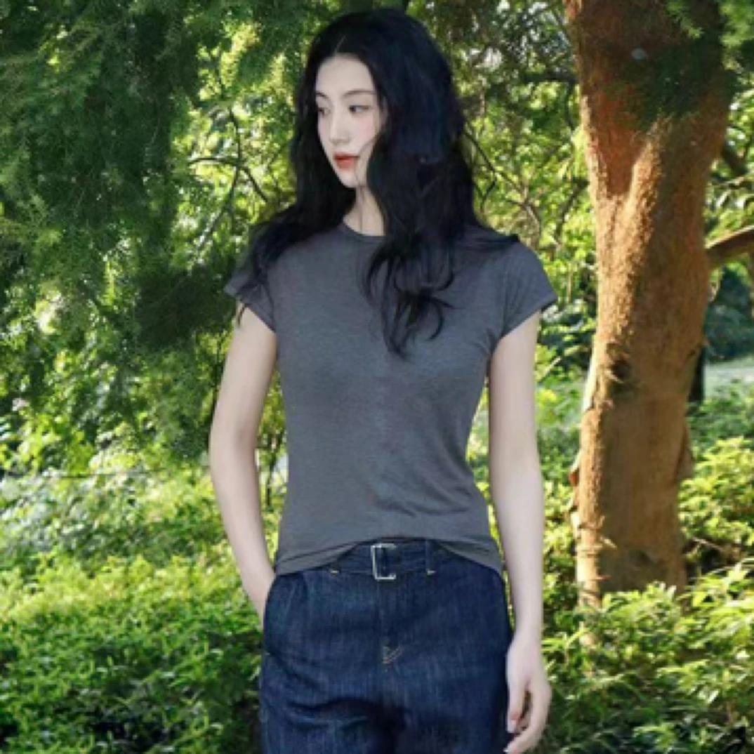 夏季新款醋酸蚕丝T恤短袖显瘦显薄遮肉圆领