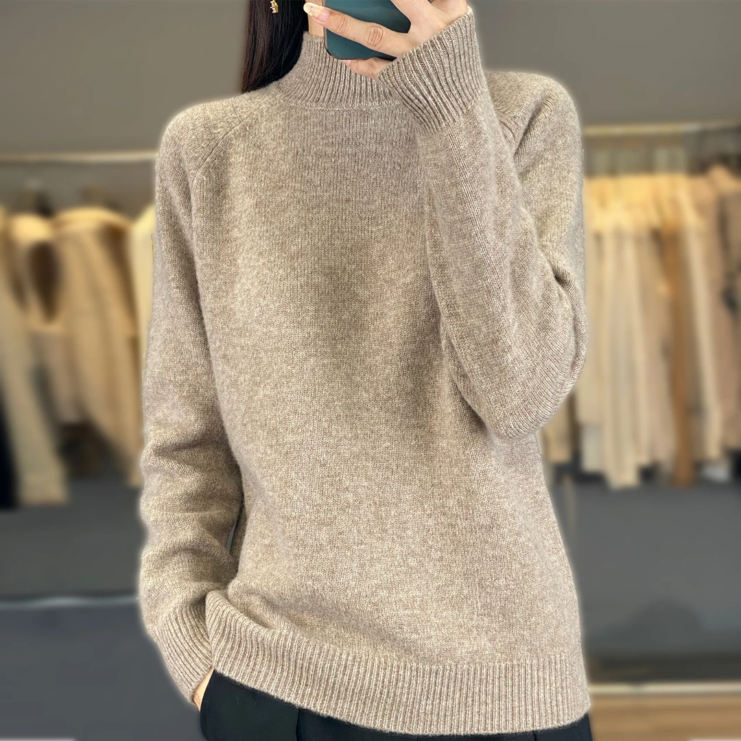 100纯羊毛 经典半高领针织打底衫插肩袖宽松毛衣秋冬加厚保暖内搭