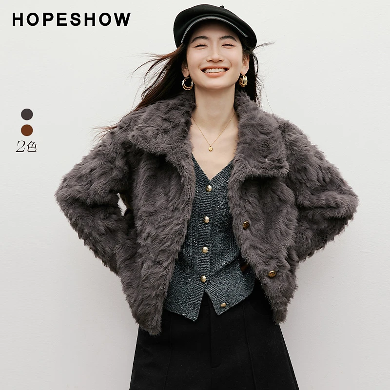 红袖2025冬季新款女装 字母金属扣两穿领落肩毛外套90125360403