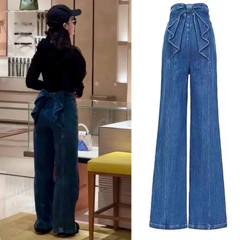 刘亦菲同款复古蓝色后腰蝴蝶结显瘦直筒阔腿女2025春季