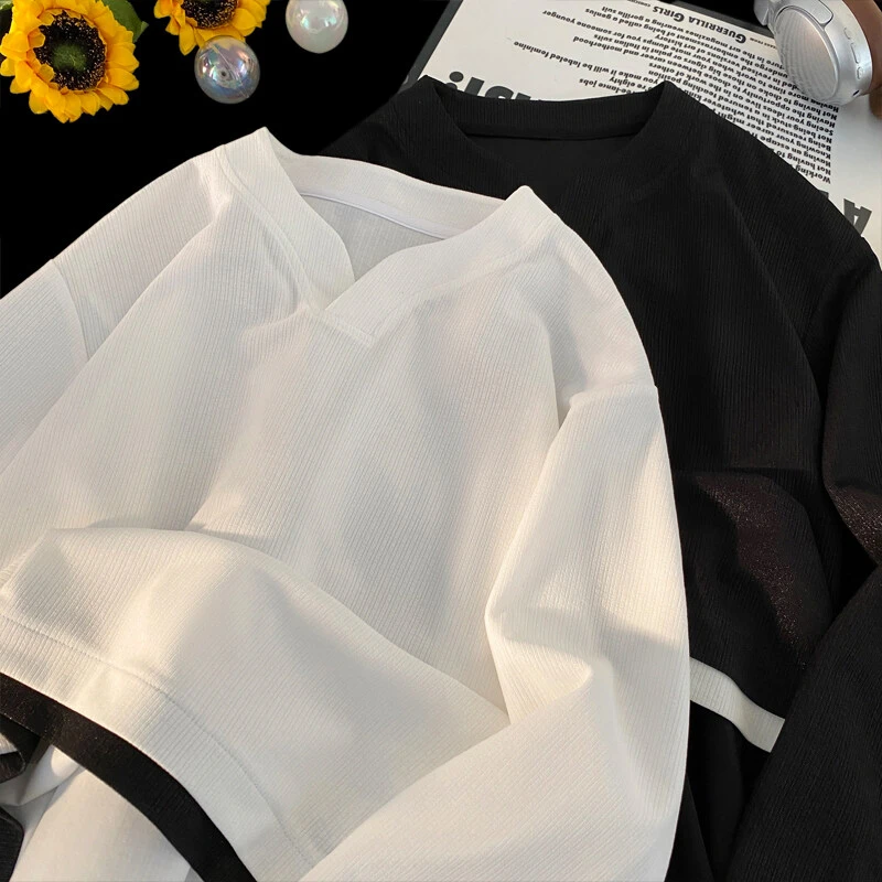 引创春季新款2025港风大码假两件长袖T恤男港风百搭潮流宽松大码