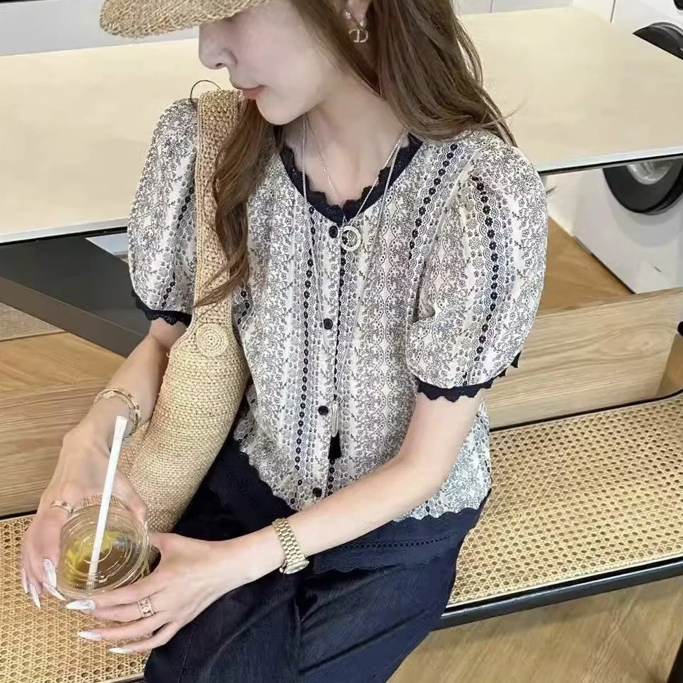 2025新款韩版夏季高级感轻奢碎花短袖衬衫女大码胖遮肉显瘦上衣