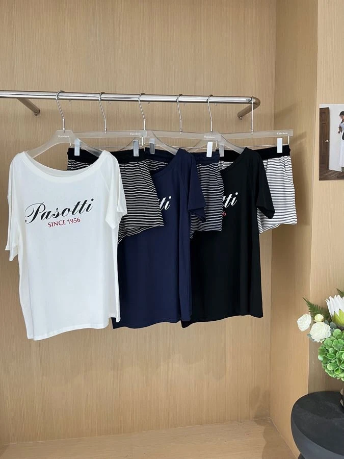 Rainbow（181800#）简约韩系斜肩条纹套装