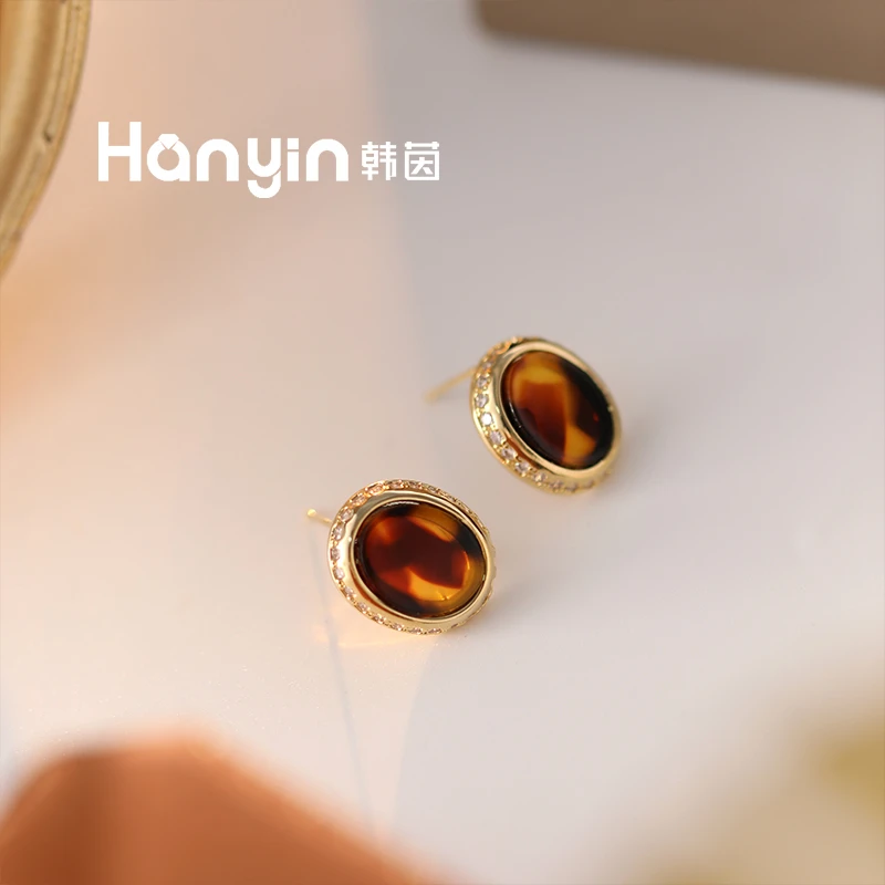 铜合金仿水晶耳饰 925银针简约百搭复古气质美拉德椭圆咖晶耳钉