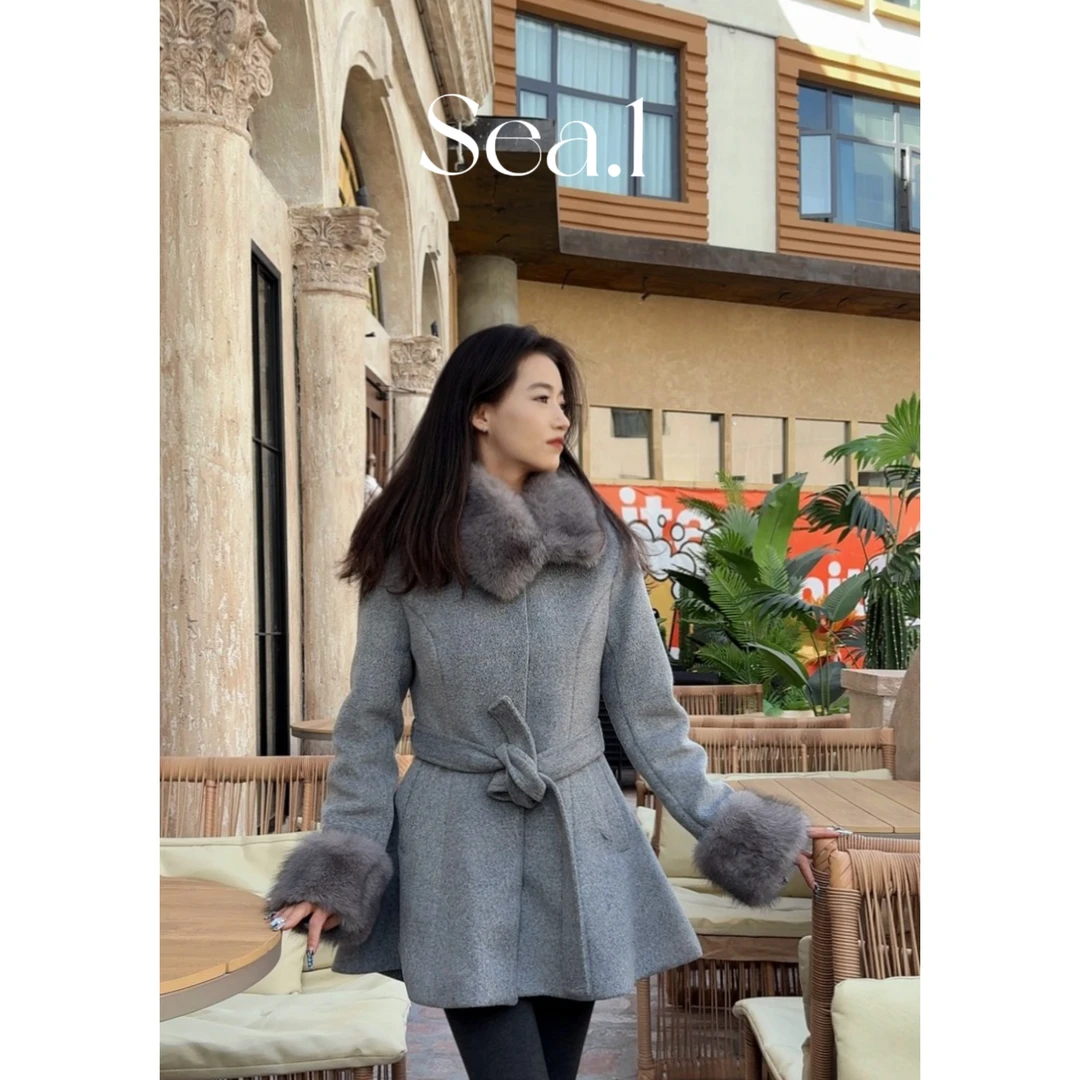 【Sea. AAn x 清冷灰系】新年高级感精致千金立领毛呢拼接收腰大衣