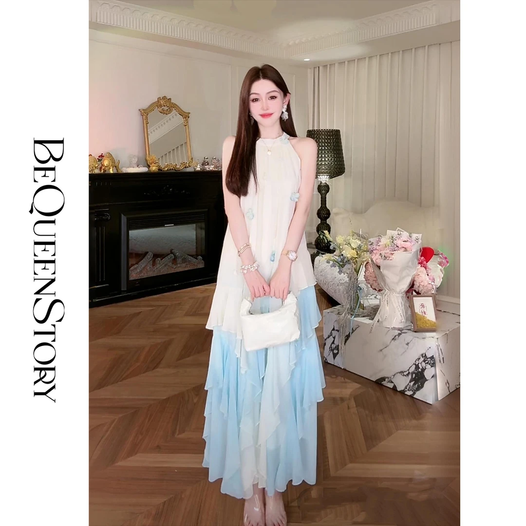 BeQueenStory【冰河曼波】轻奢时尚百搭立体剪裁渐变挖肩连衣裙2025