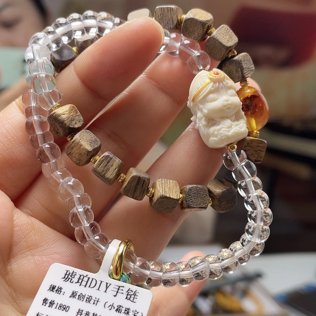蜜蜡银S925镀金镶嵌裸石手串