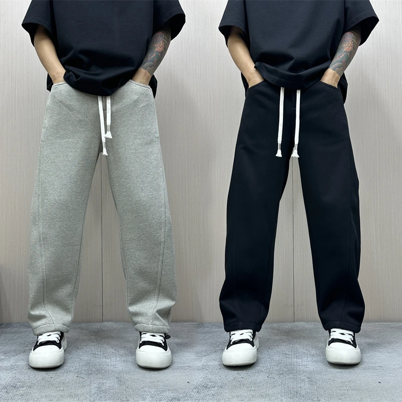 昊Studio冬季男士加绒运动卫裤直筒抽绳简约拼接痞帅慵懒感休闲裤