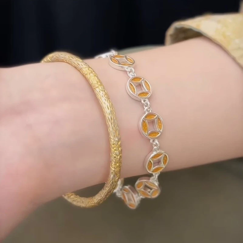 足银手镯 足银75号【葫芦】足银999磨砂古法手镯20g手链12g描金工