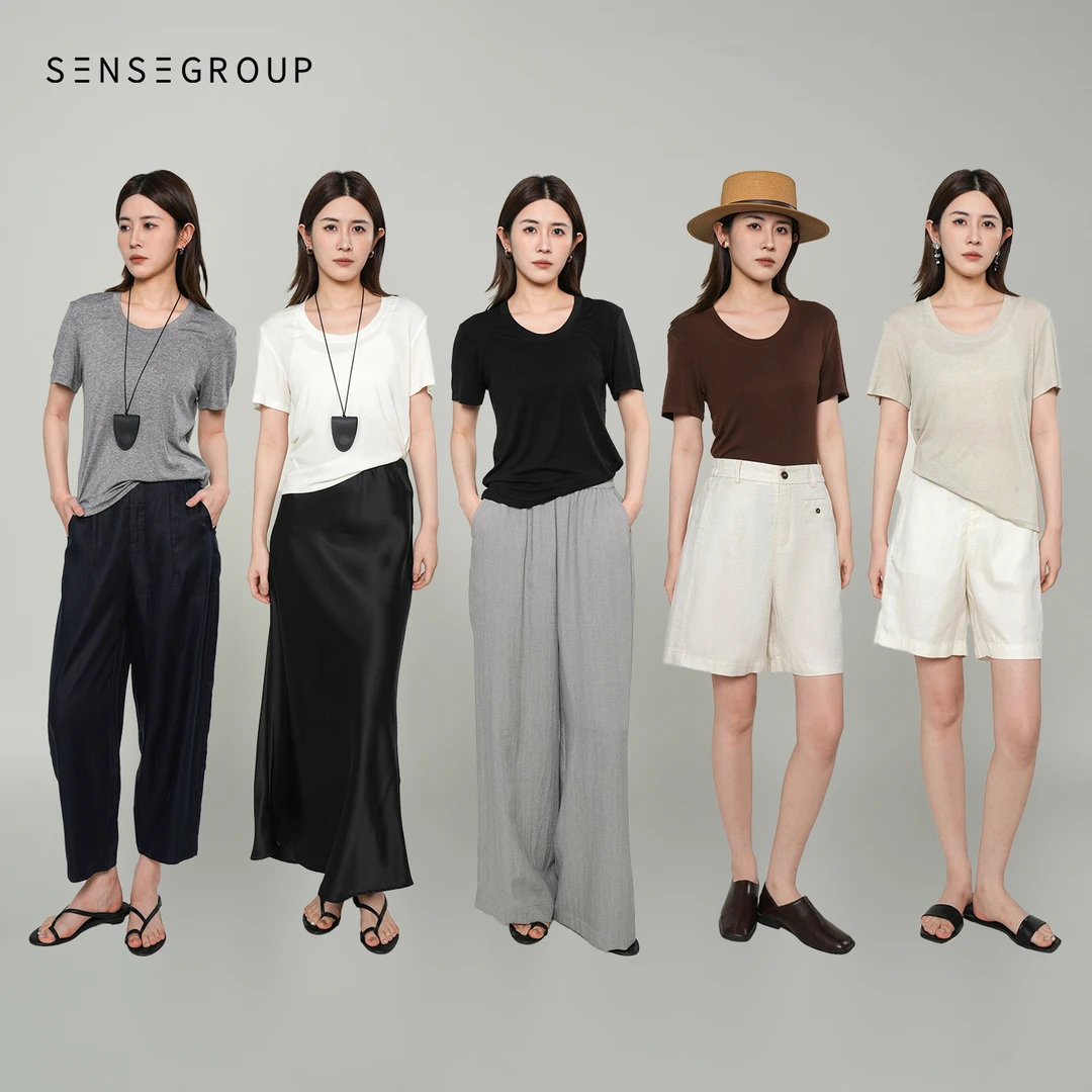 拾尚共合「慵懒」短袖T恤女夏季天丝羊毛U领打底柔软亲肤上衣