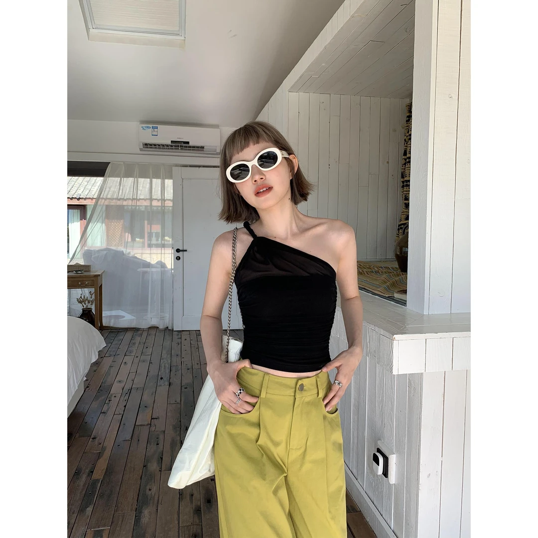 别致设计感打纽斜肩网纱吊带背心女外穿黑色修身短款抹胸上衣夏