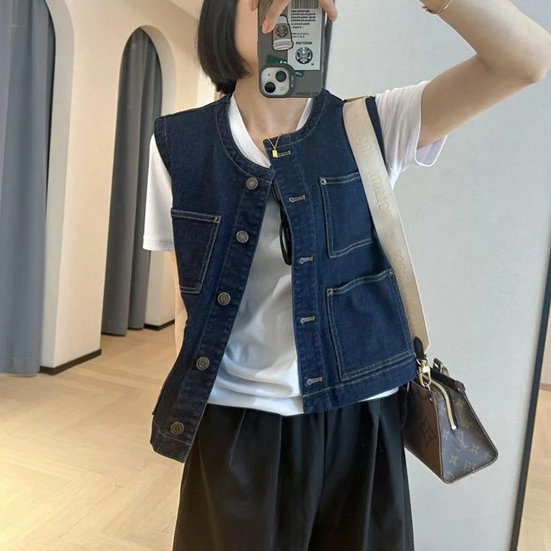 复古通勤叠穿圆领牛仔马甲2025春季极简风无袖坎肩背心外套上衣潮