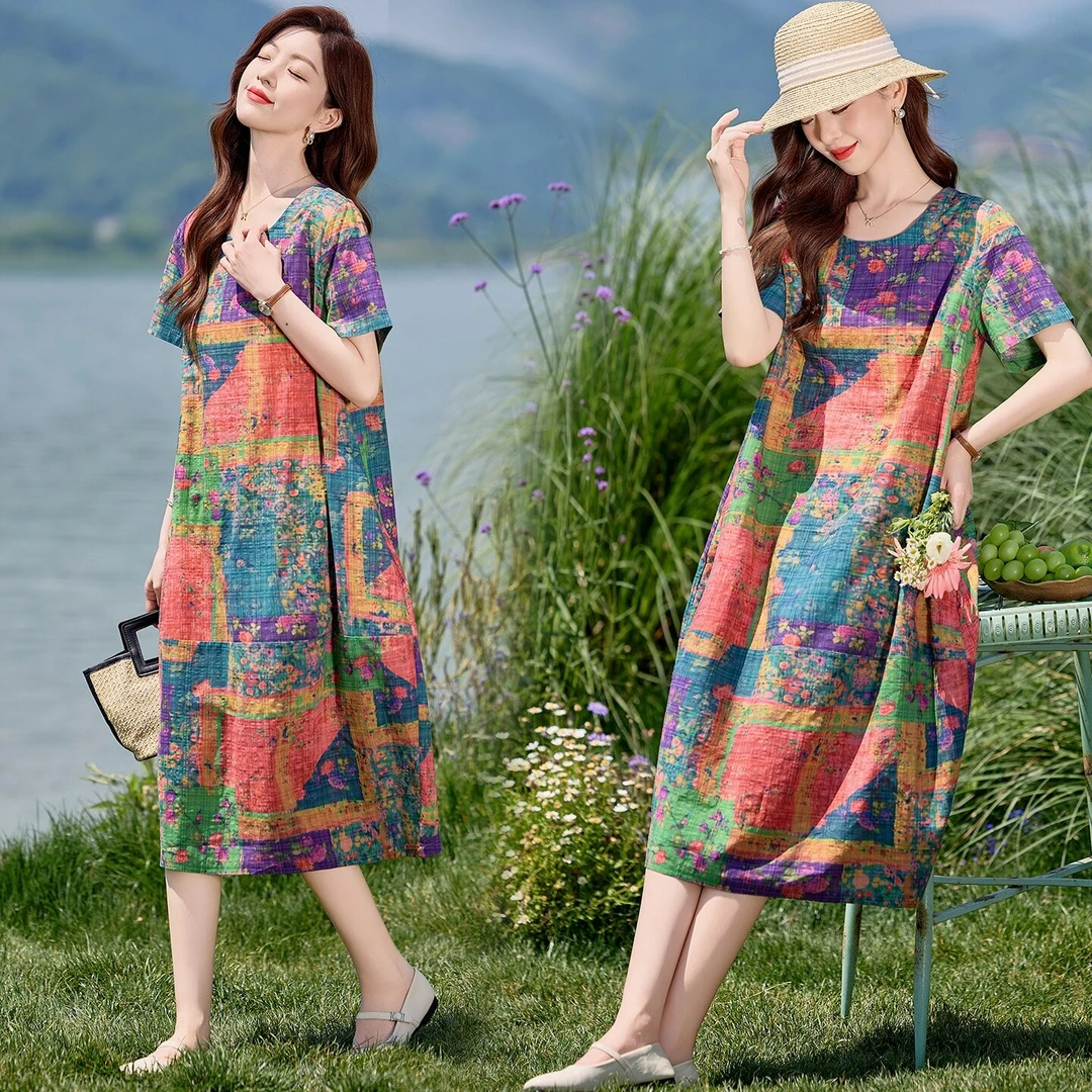 复古宽松休闲短袖印花连衣裙女夏季2025新款高端气质妈妈显瘦裙子
