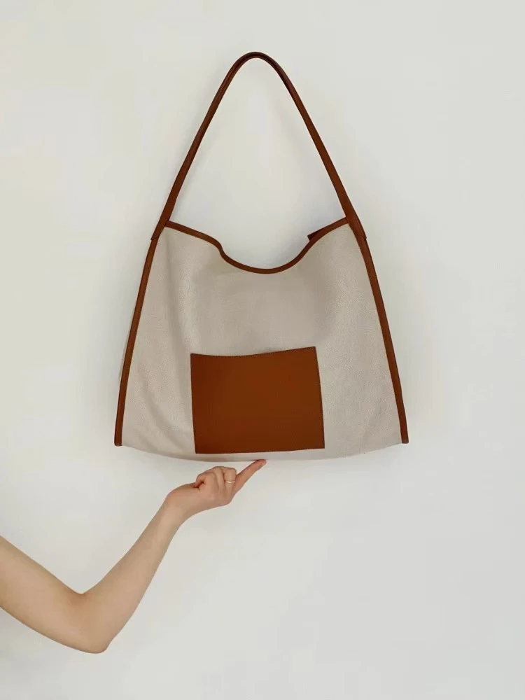 原色亚麻拼皮托特包，进口亚麻面料拼头层牛皮 F891