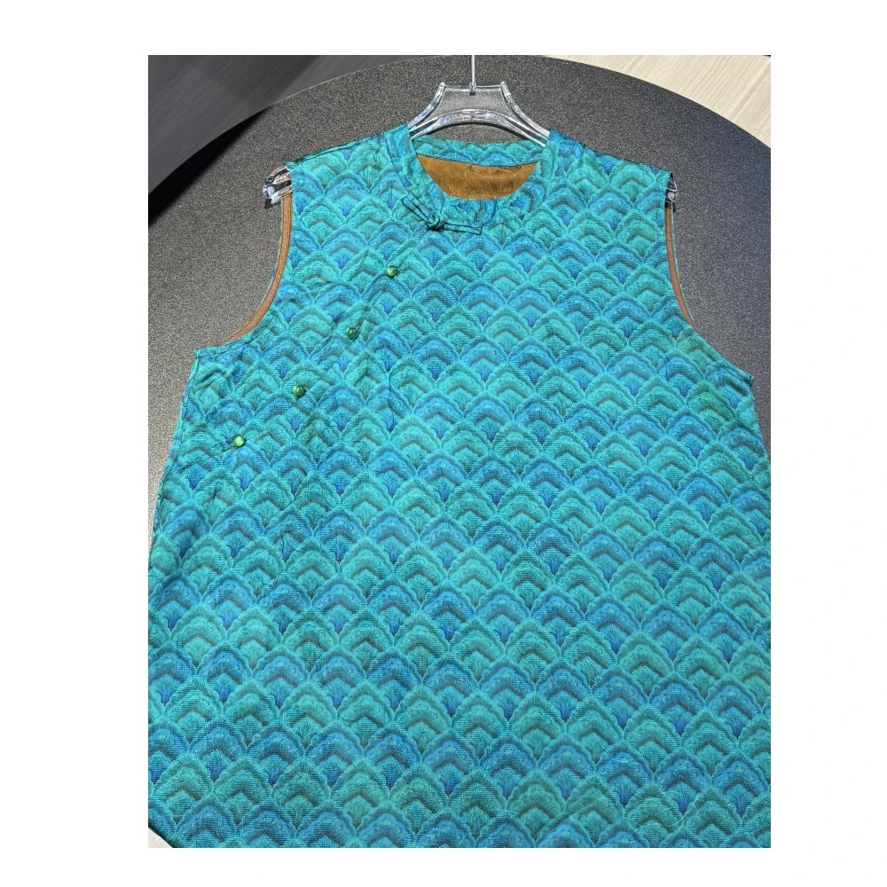 贵族孔雀蓝 ！  新中式女装中长款斜襟盘扣无袖上衣