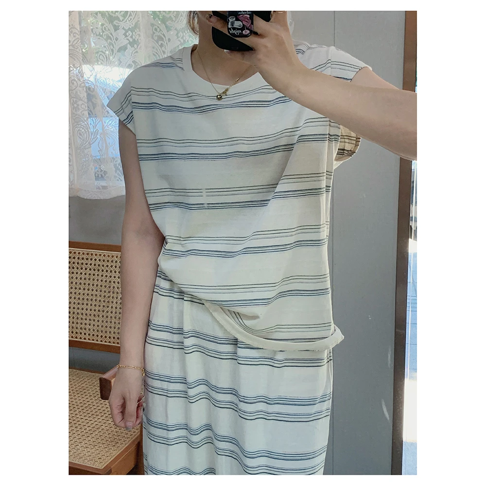 ZR027夏季新款宽松条纹圆领无袖上衣松紧腰半身裙休闲套装